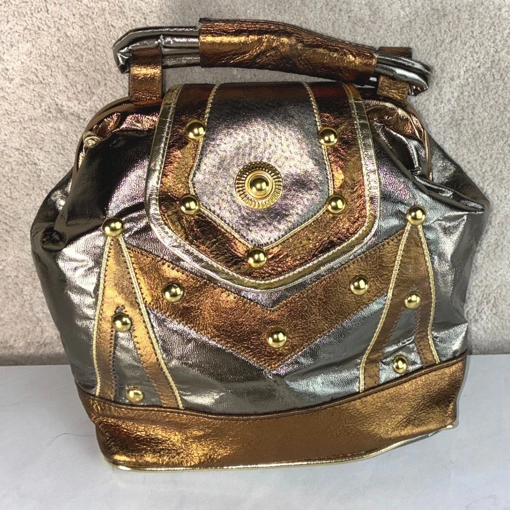 1980's Shafir Bronze Metallic Leather Handbag - OS - Steampunk, 80's, Vintage